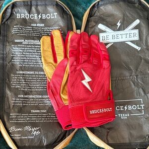 BRUCE BOLT Youth Red and Tan short cuff batting  gloves
